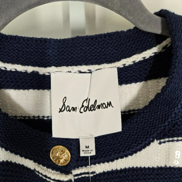 SAM EDELMAN Colleen Stripe Short Sleeve Cardigan knit blue Size Medium NWT - Picture 8 of 9